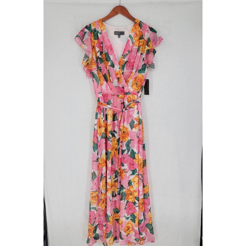 Donna Ricco New York Floral Maxi Dress Pink Orange Flutter Sleeve Size 10 NWT